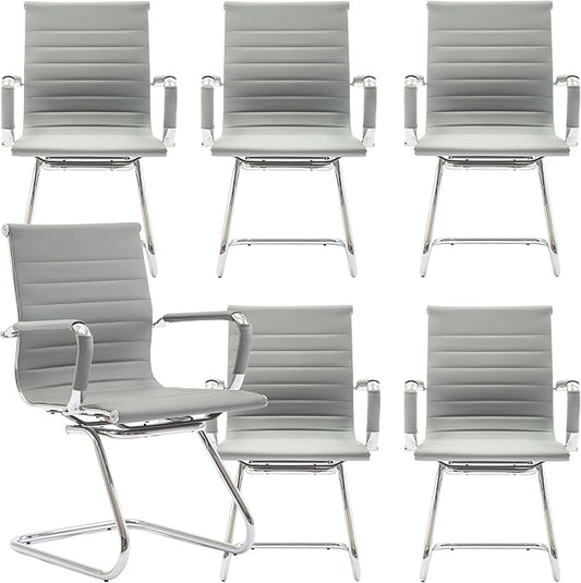 Office Desk Chair Set of 6,No Wheels PU Leather Computer Chairs Mid Back Guest Chairs with Seld Base for School/Reception/Conference/Waiting Room,Grey