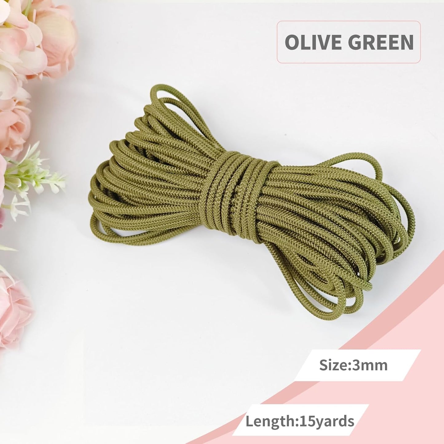 1/8 inch Non-Slip Elastic Band -3mm 15 Yards Soft Elastic Cord Stretch String Braided Thread for Sports Gear, DIY Crafts, Hair Bands, Shoelaces,Apparel Making & Camping Tie Down (Olive Green)
