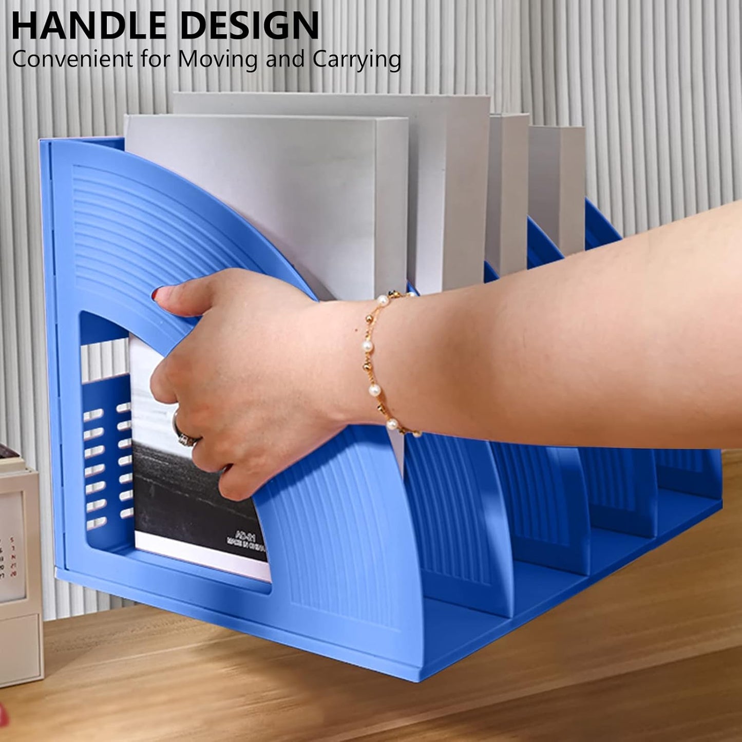 SAYEEC File Holder Storage Folder 4 Compartment Standing Desktop Hollow Organizer Blue Files Shelf Frame Thicken Plastic Paper Notebook Magazine Bookstore for Office School Supplier Students