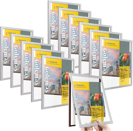 Acrylic Magnetic Sign Holder, Easy-Opening 8.5 x 11 Wall Mount Display Frames, Self Adhesive Back Plastic Clear Document Frame, Horizontal & Vertical Display (Silver, 12Pack)