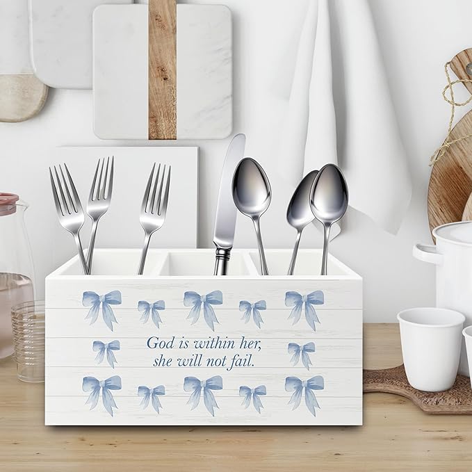 Blue Coquette Bow Christian Pen Pencil Holder Organizer for Desk, Preppy Desk Decor, Christian Gifts for Women, Bible Verse Wooden Box Sign for Girly Room Bedroom Dorm Tabletop Decorations