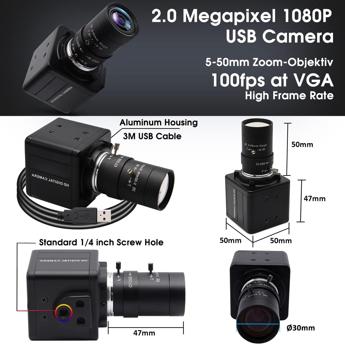 SVPRO HD USB Camera 1080P with 5-50mm Zoom Lens,10X Optical Zoom USB Web Camera Manual Focus with CMOS OV2710 Sensor,High Speed 100fps/60pfs/30fps Video Camera for PC Computer,Laptop