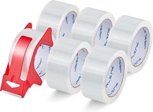 JARLINK 6 Rolls Clear Packing Tape with Dispenser, Heavy Duty Packaging Tape Refills for Shipping Packaging Mailing, 2.7mil Thick, 1.88 inches Wide, 55 Yards Per Roll, 330 Total Yards