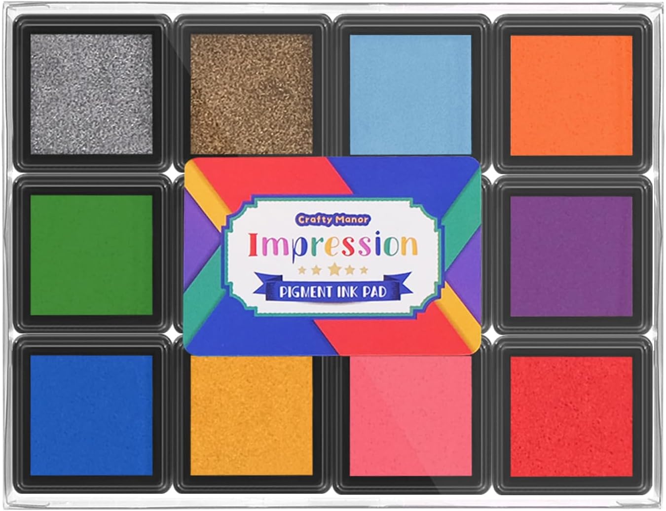 CraftyManor Mini 12 Color Pigment Ink Pads for Stamps, Fingerprint Ink Pad for Kids, Stamp Pad for Scrapbook Paper & Stamps for Classroom & Clothing Stamp & Letter Stamps, Archival