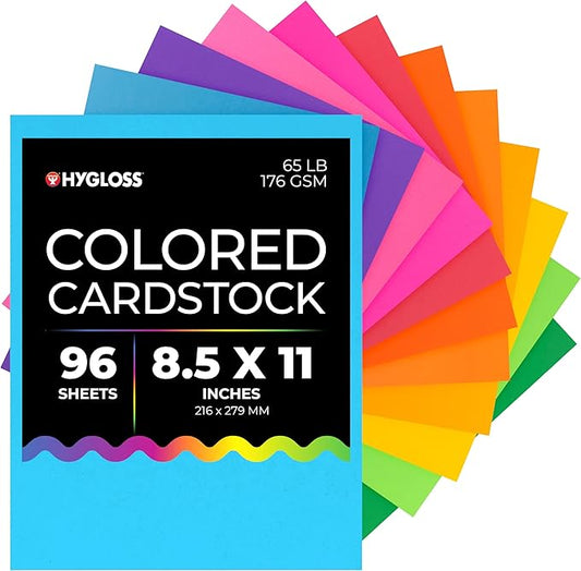 Hygloss Bright Colored Cardstock - 8.5x11-Inch, 12 Assorted Colors, 96 Sheets, 65 lb/ 176 gsm, Fade-Resistant, Acid-Free Color Card Stock Paper
