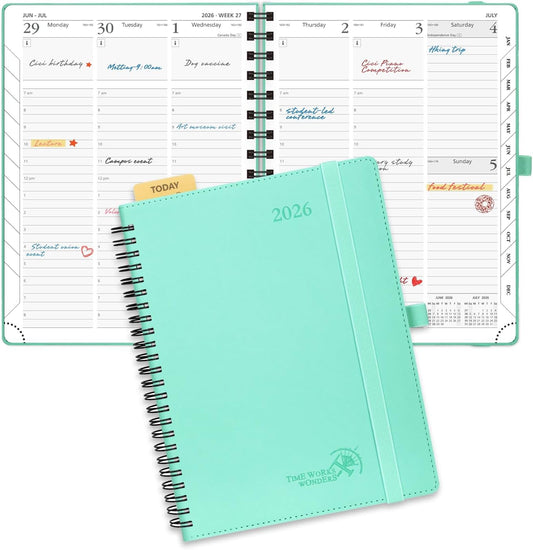 POPRUN 2026 Planner (Medium - 6.5'' x 8.5'') with Hourly Schedule, Vertical Layout - 2026 Weekly Calendar (Jan. 2026 - Dec.2026) for Time Management, Monthly Tabs, Spiral Bound, Soft Cover - Green