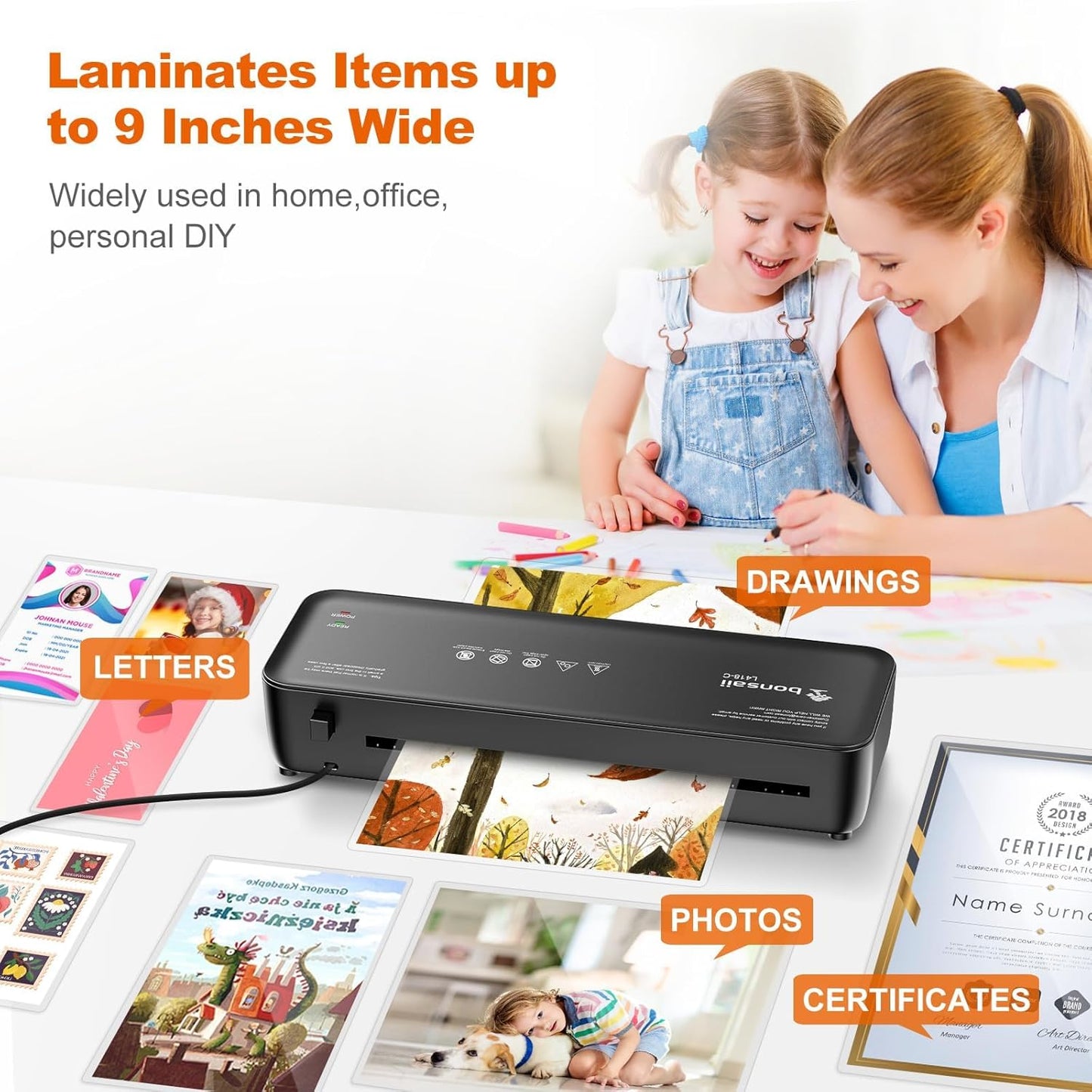 Bonsaii Laminator, 9 Inch Thermal Laminator Machine with Never Jam Technology for Doc/Posters/Photo, Personal Laminating Machine Simple Convenient for Home, Office and School Black