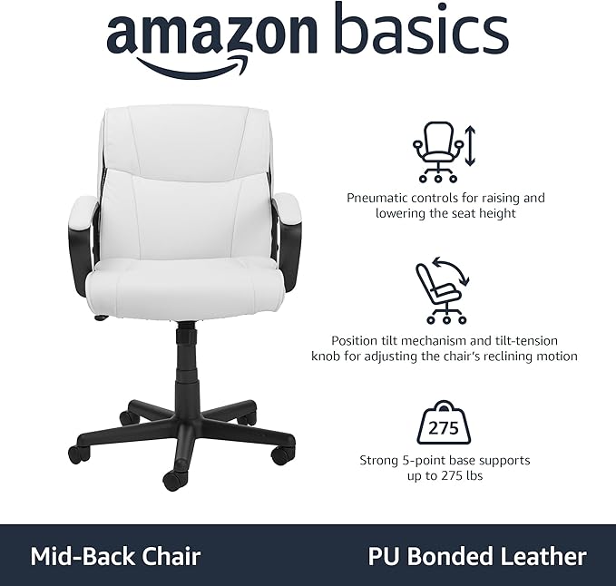 Amazon Basics Office Computer Task Desk Chair with Padded Armrests, Mid-Back, Adjustable, 360 Swivel, Rolling, 275 Pound Capacity, 24.2"D x 24"W x 38.6"H, BIFMA Certified, White Faux Leather