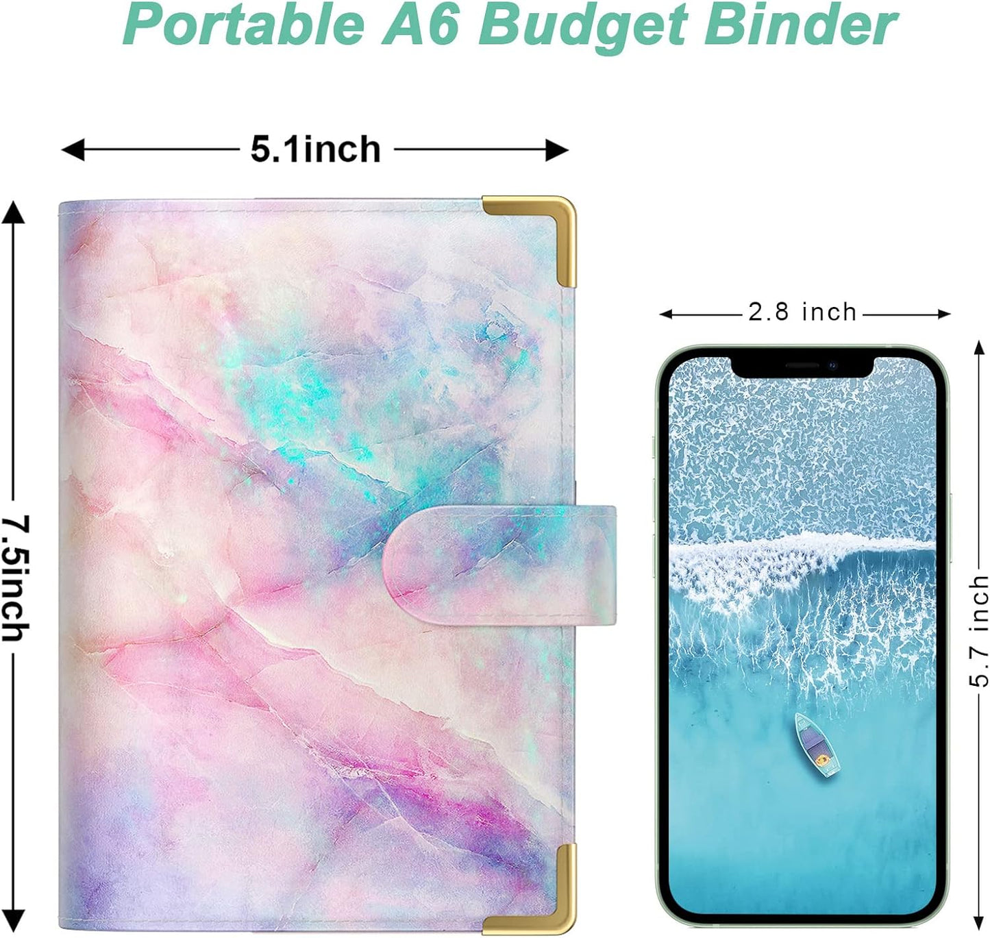 Rnivvi Budget Binder with Zipper Envelopes, A6 Money Saving Binder Cash Envelopes for Budgeting, PU Leather Planner Money Organizer for Cash Bills, Cute System Wallet for Women Men, Colorful Marble