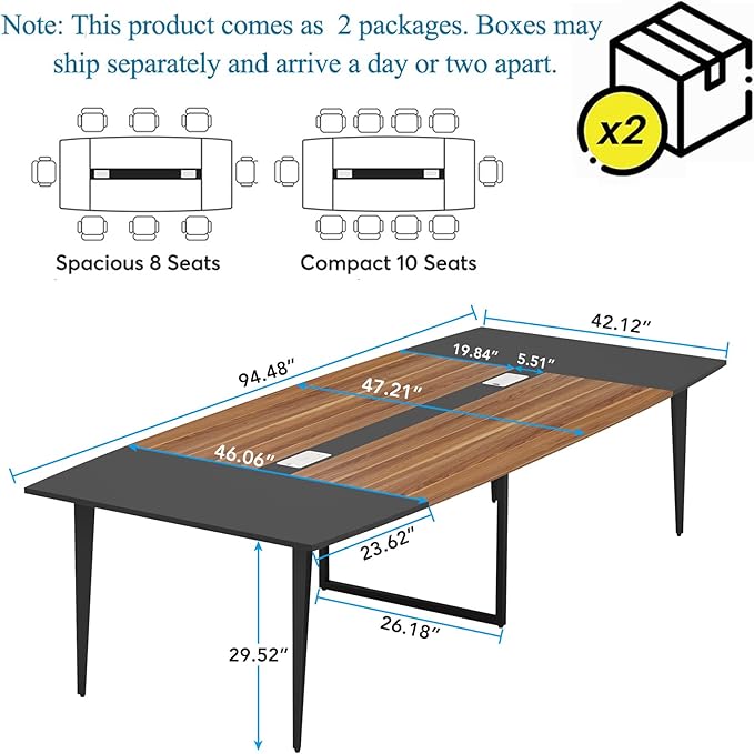 Tribesigns 8FT Conference Table, 94.48L x 47.24W x 29.52H Inches Boat Shaped Meeting Table with Rectangle Grommet, Modern Seminar Boardroom Table for Office Conference Room (8ft, Walnut & Black)