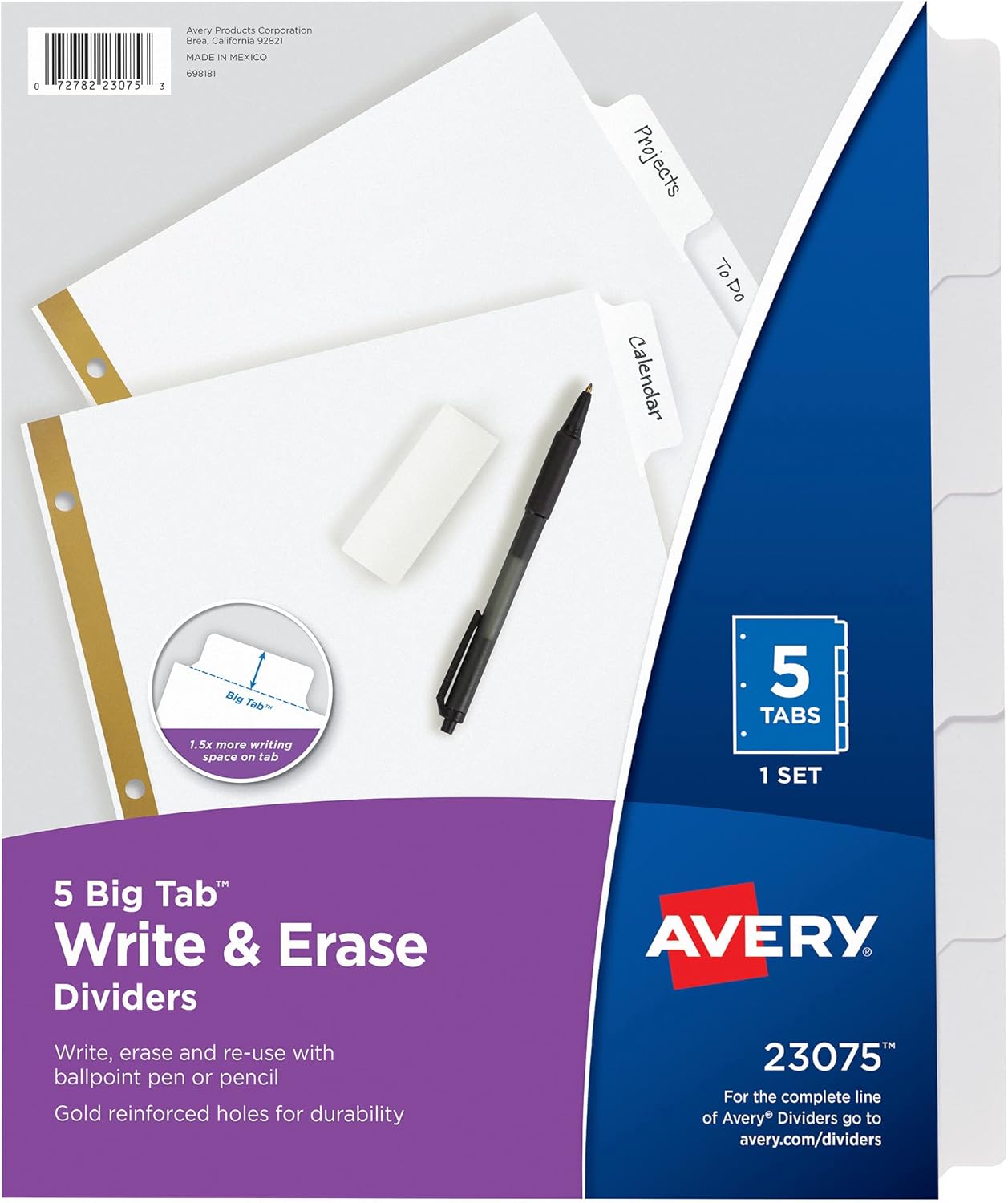 Avery Big Tab Write & Erase Dividers for 3 Ring Binders, 5-Tab Sets, 48 Binder Divider Sets (23075)