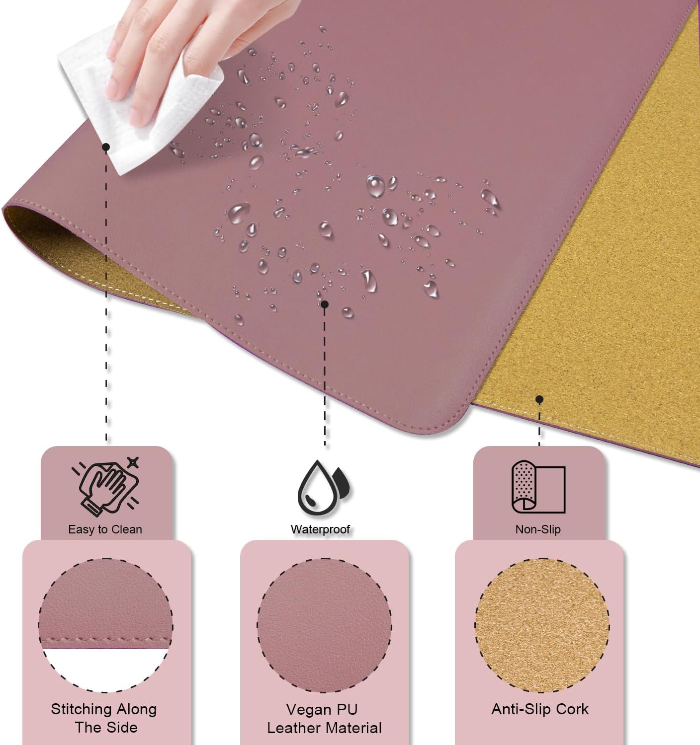 Large Desk Pad 35.4" x 17", Non-Slip Desk Mat with PU Leather & Natural Cork, Waterproof Writing Desk Natural Cork, Computer Mat Desk Protector for Office Home, Purple Pink
