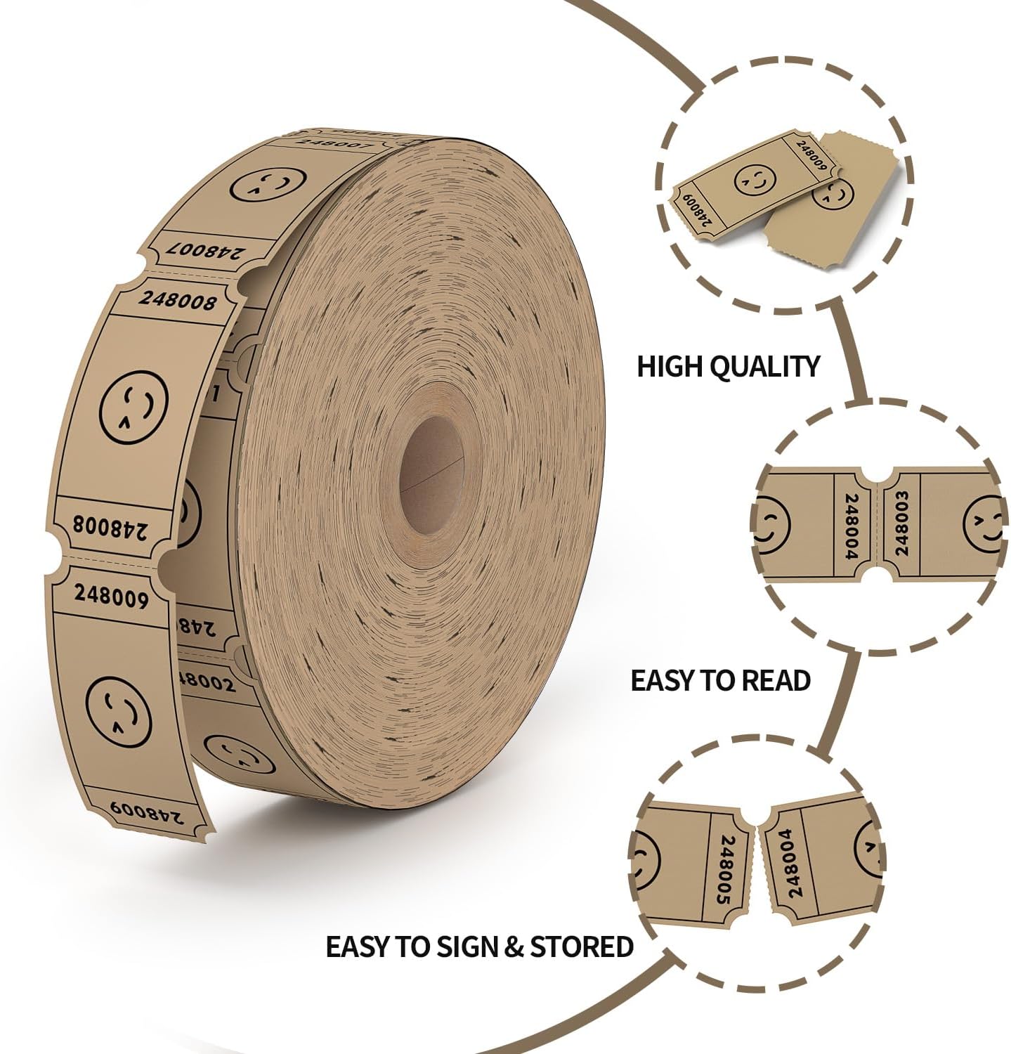 Methdic 1000 Smile Raffle Tickets Brown, Single Roll, Ticket for Events, Entry, Class Reward, Fundraiser & Prizes