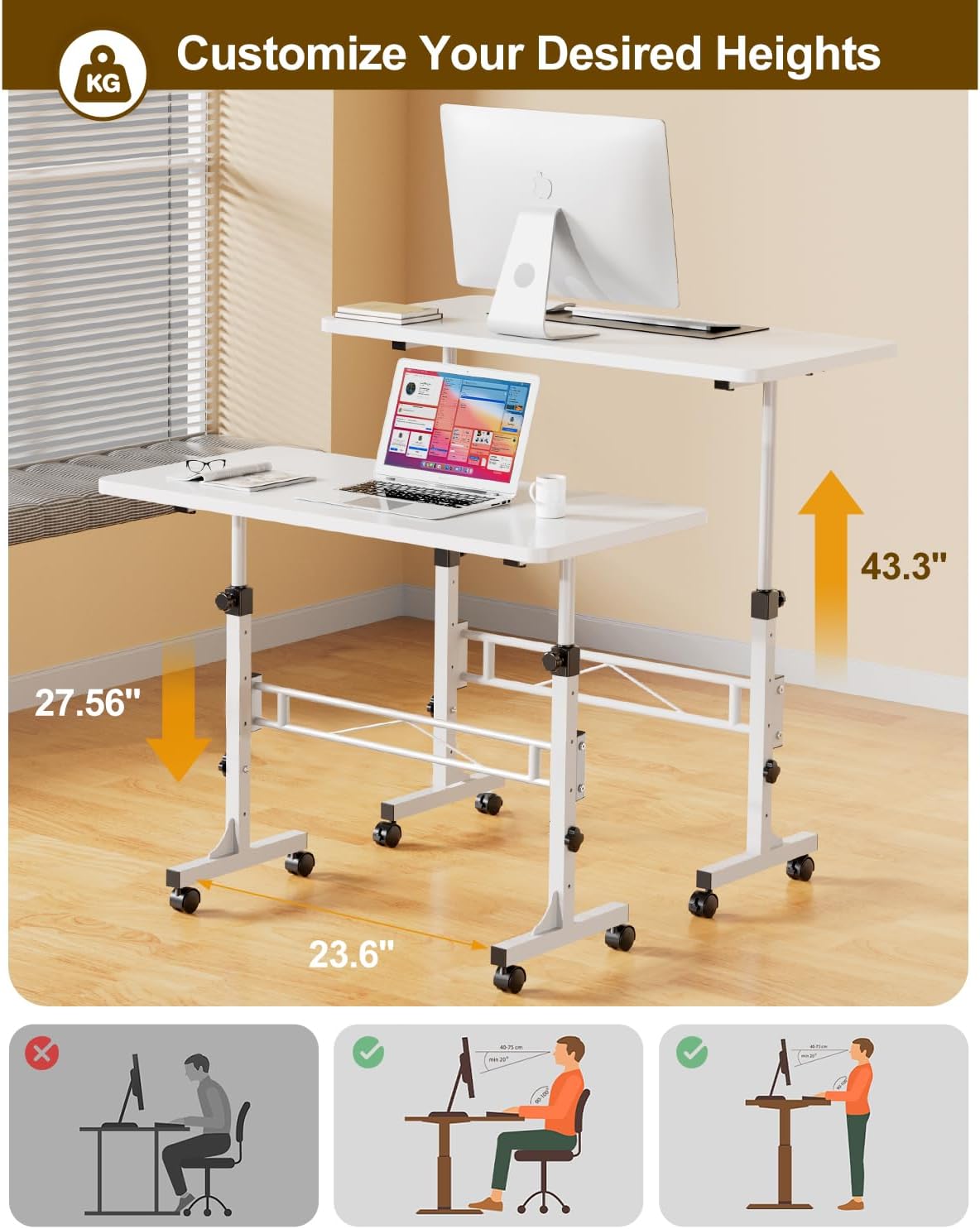 Small Standing Desk Adjustable Height, Mobile Stand Up Desk with Wheels, 32 Inch Portable Rolling Desks Computer Office Workstations for Walking Pad Treadmill White