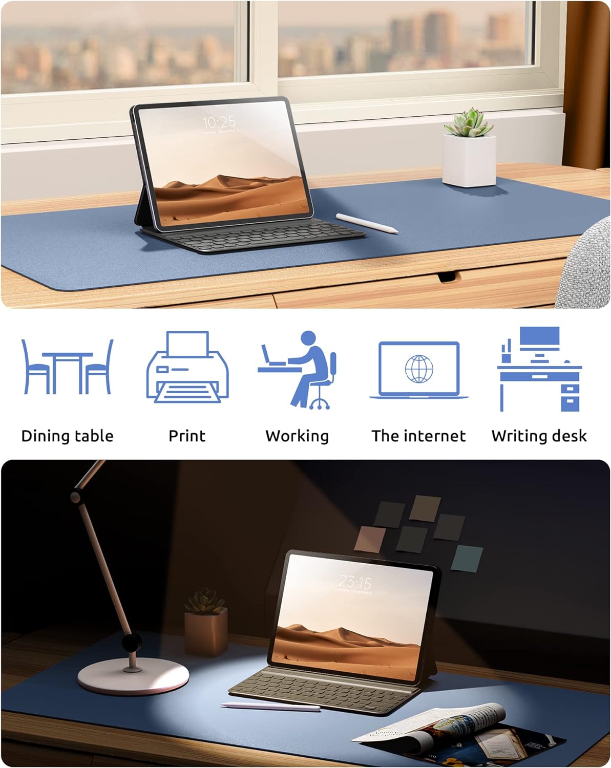 YSAGi Leather Desk Protector, Office Mat, Large Mouse Mat, Non-Slip PU Leather Blotter, Laptop Desk Pad, Waterproof Writing Pad for Office and Home (Blue, 35.4" x 17")