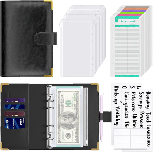 Rnivvi Budget Binder with Zipper Envelopes, A6 Money Saving Binder Cash Envelopes for Budgeting, PU Leather Planner Money Organizer for Cash Stuffing Planning, Cute System Wallet for Women Men, Black
