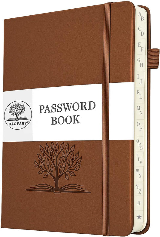 DAOFARY Password Book with Alphabetical Tabs - Small Password Keeper Book (5.6 * 4.3 in) with Inner Pocket, Hardcover Password Keeper Notebook for Log Internet Website Information (Reddish Brown)