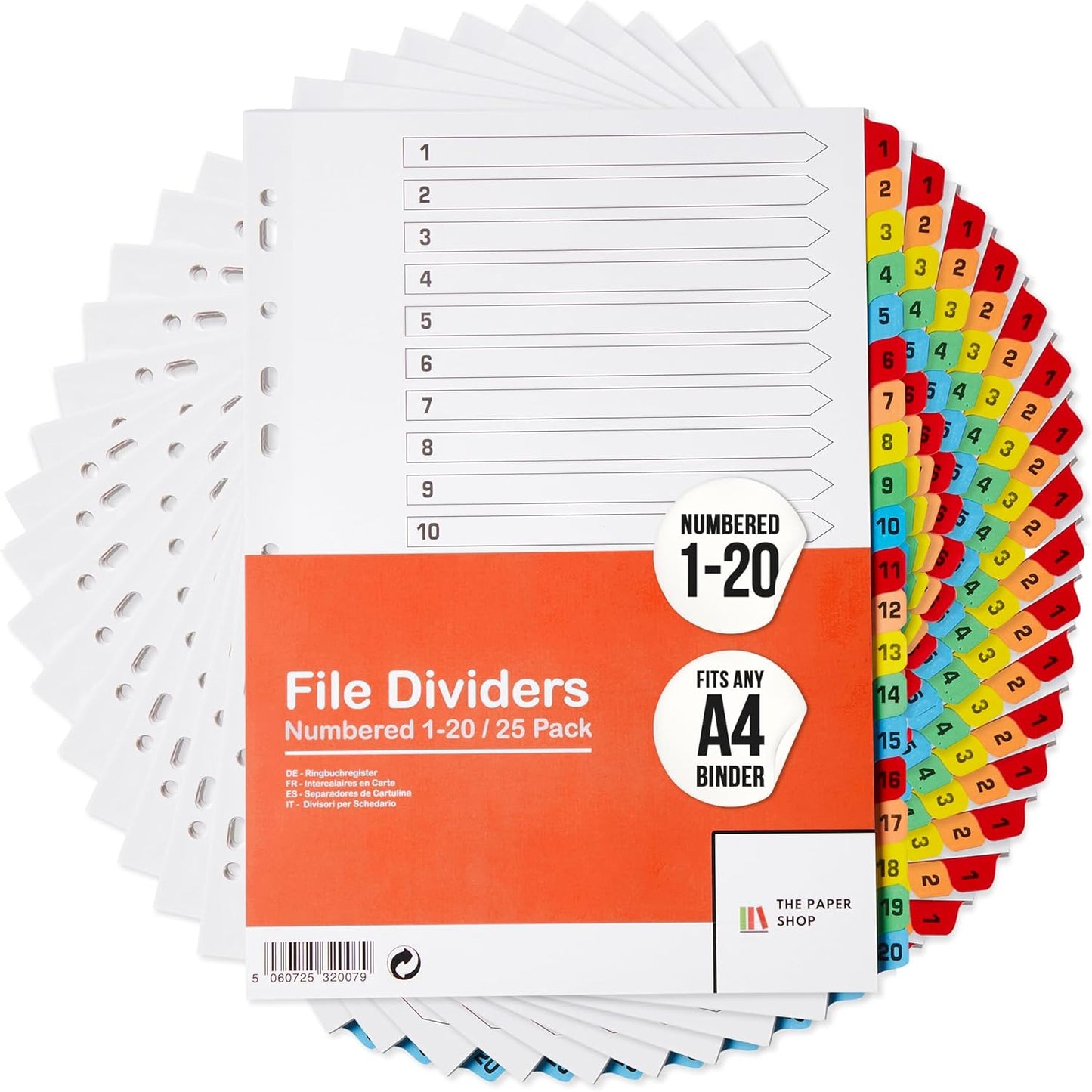 [25 Pack] A4 File Dividers 20 Part Numbered 1-20 | A4 Subject Dividers 20 Part Numbered 1-20 with Multipunched Reinforced Colour Tabs 150gsm