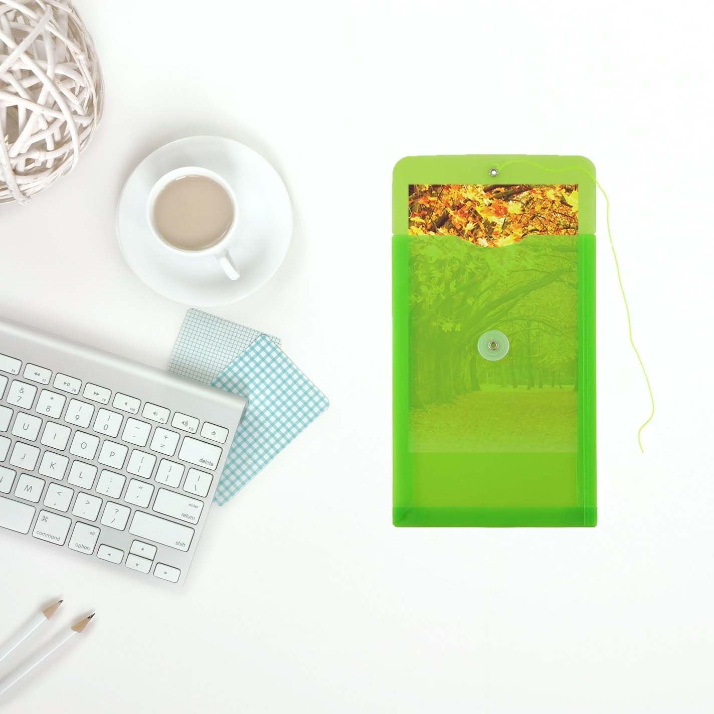 JAM PAPER Plastic Envelopes with Button & String Tie Closure - 6 1/4 x 9 1/4 - Lime Green - 12/Pack