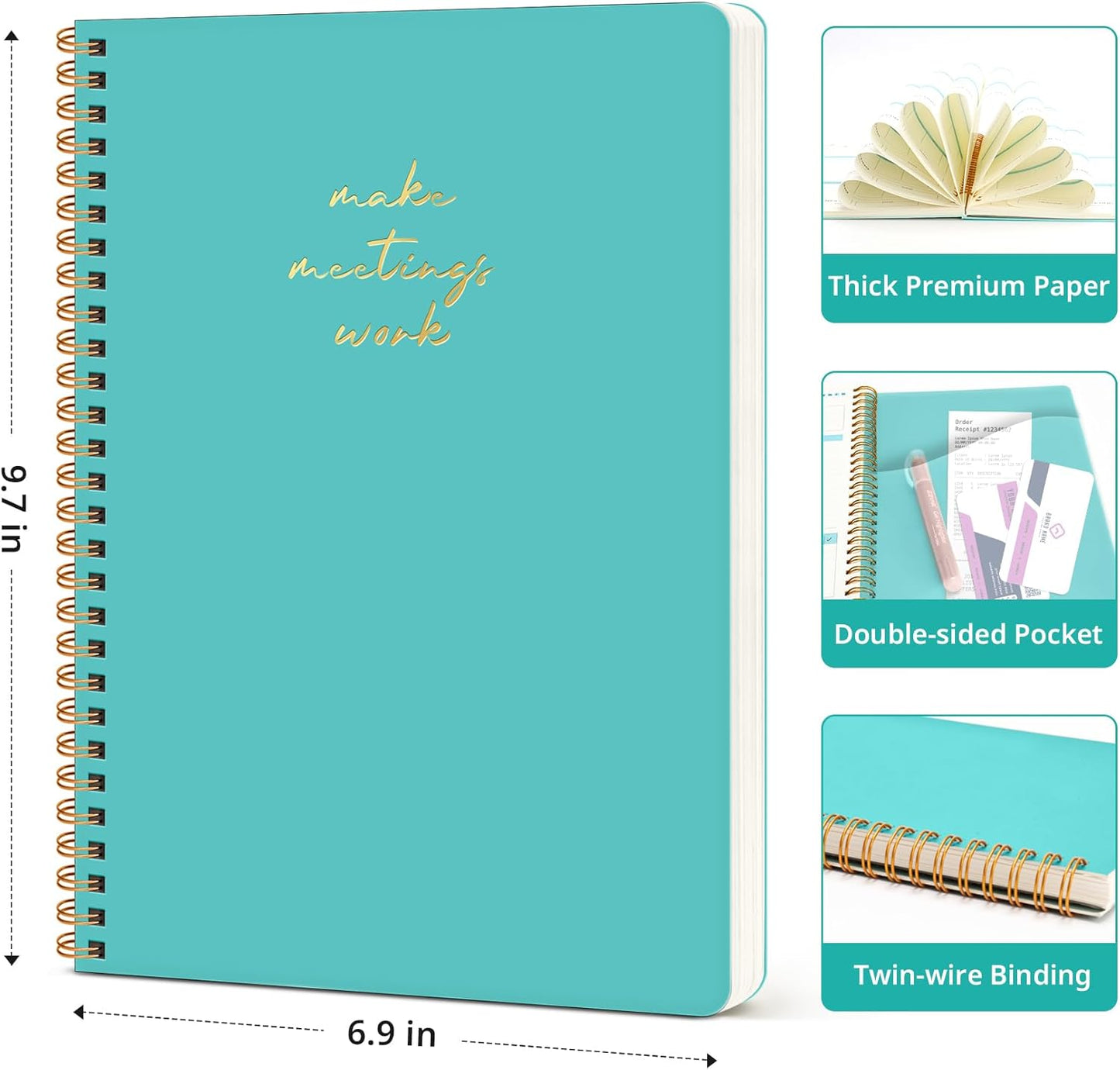 Meeting Notebook for Work Organization - Work notebook with action items, Meeting Minutes Planner Notebook, Perfect Office Supplies for Men & Women - Aquamarine
