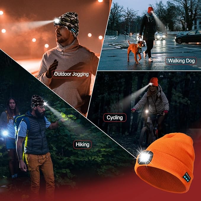 Gifts for Men, Rechargeable Bluetooth Music Unisex Beanie Hat with Light, Stocking Stuffers for Women, Birthday Gifts for Men, for Him, Orange