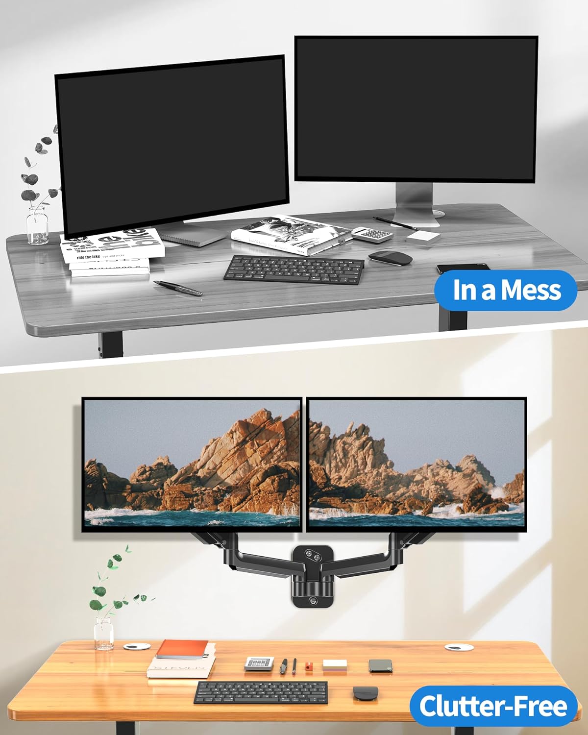 MOUNTUP Dual Monitor Wall Mount for 2 Max 32 Inch Computer Screen, Fully Adjustable Gas Spring Double Monitor Arm, Wall Mounted Monitor Holder Support 4.4-19.8lbs Display, VESA Bracket 75x75, 100x100