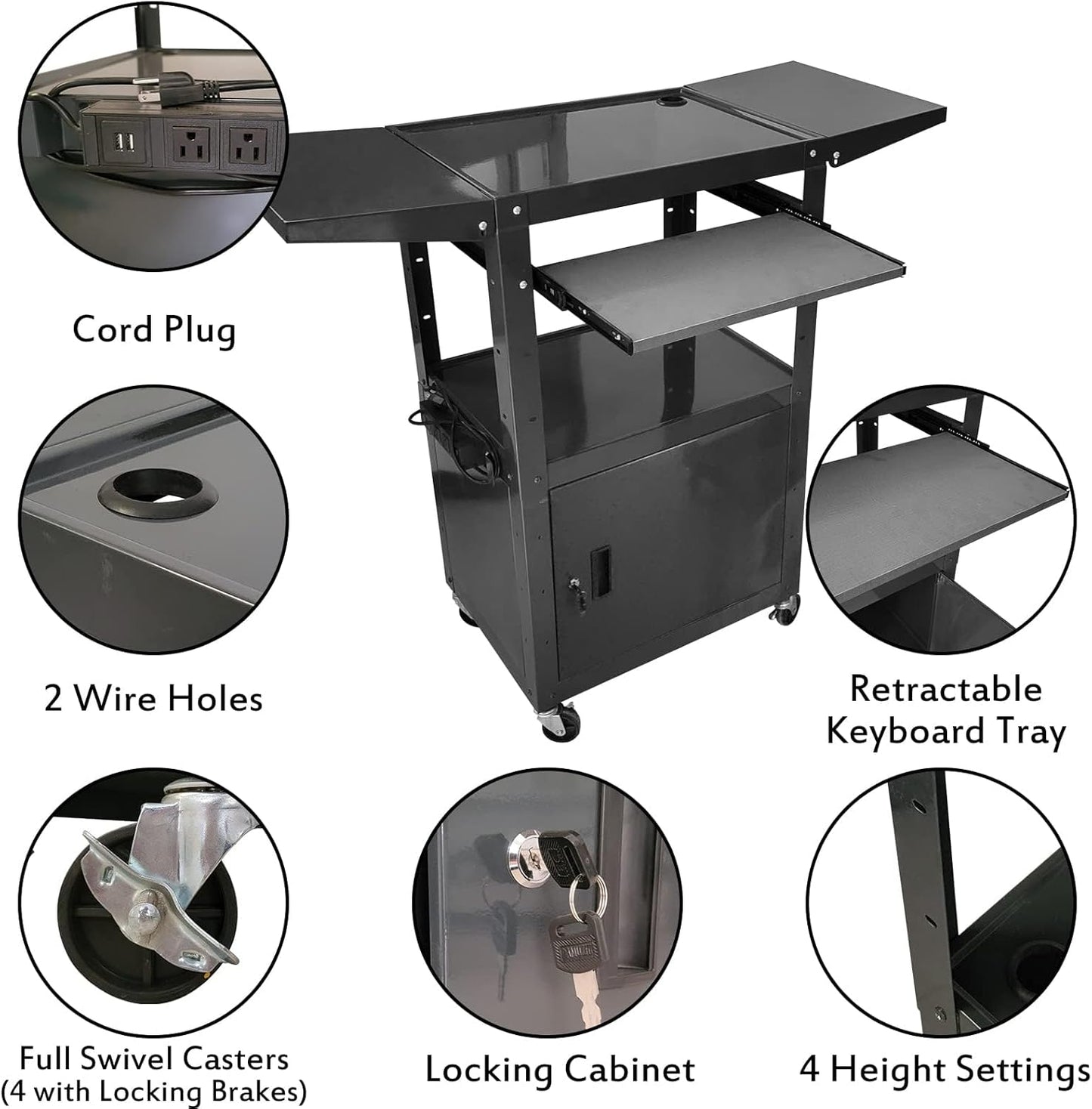 AV Cart with Locking Cabinet and Keyboard Tray Height Adjustable Utility Cart with Extra Storage,Computer Cart with Wheels and Power Strip for Presentations Office Holds 300 Lbs(Black/43”x18”x43”)