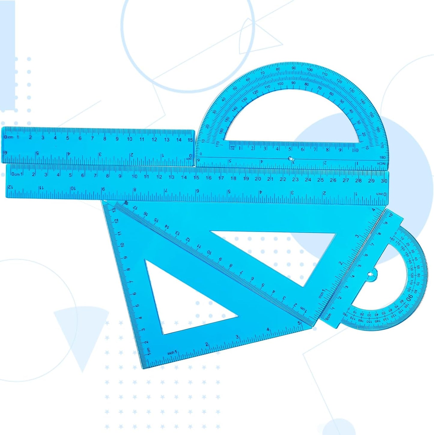 Tenare 6 Pcs Plastic Ruler Math Set Includes 12 Inch 6 Inch Straight Protractor Triangle Geometry Transparent Math Ruler Measuring Tools for School Office Home(Blue)