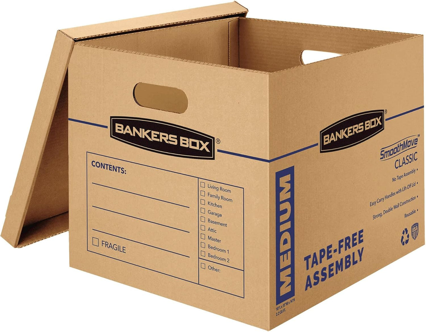 Bankers Box Medium Classic Moving Box 10 Pack, Reinforced Handles, Tape-Free Assembly, Box with Lid, 19-in x 14.5-in x 15.5-in (7717204)