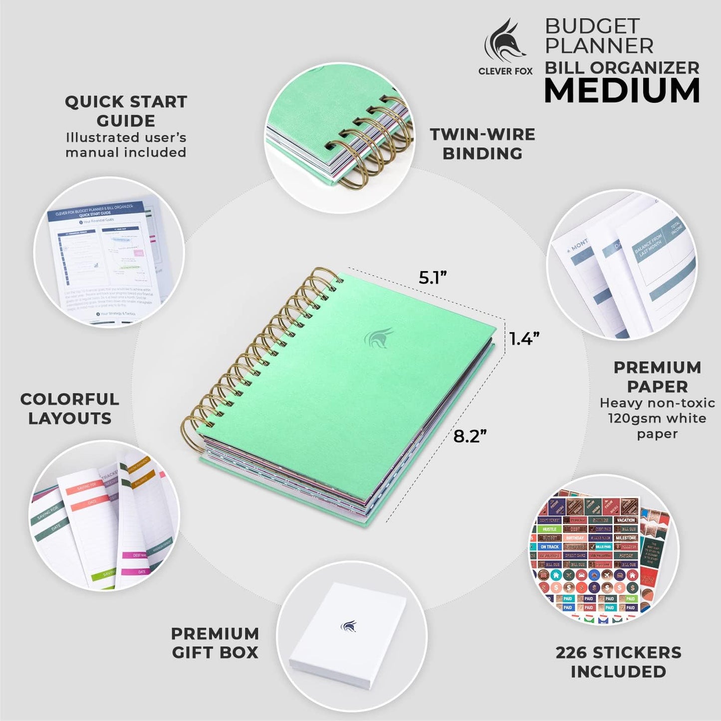 Clever Fox Budget Planner & Monthly Bill Organizer With Pockets. Expense Tracker, Budgeting Journal & Financial Book. Medium, 5.1x8.2" (Mint Green)