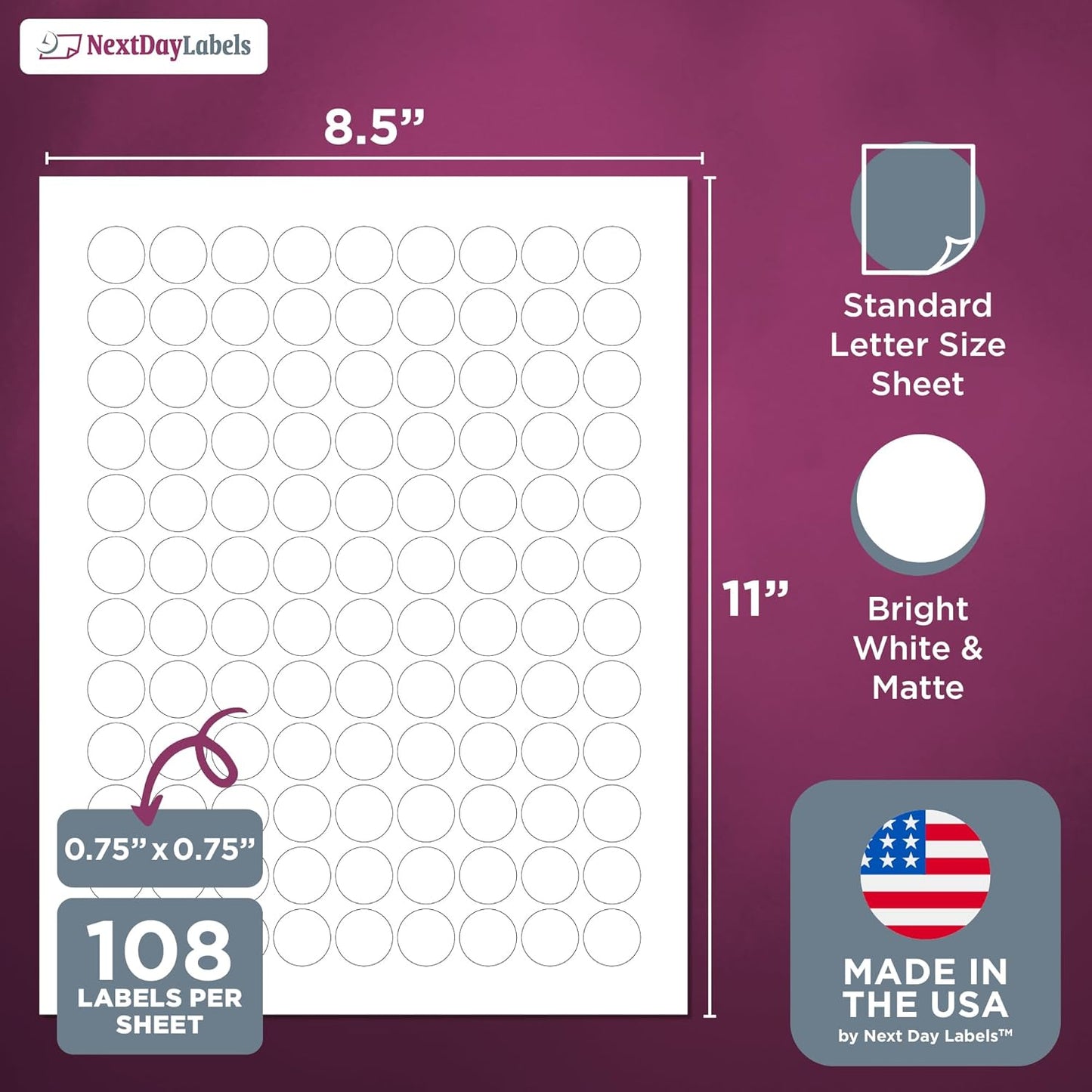 NextDayLabels – 3/4 Inch Round Labels - Round Sticker Labels for Printer - Matte White Blank Laser/Inkjet Printer Labels - Circle Stickers Printable Labels (100 Sheets, 108 Per Sheet, 10800 Labels)