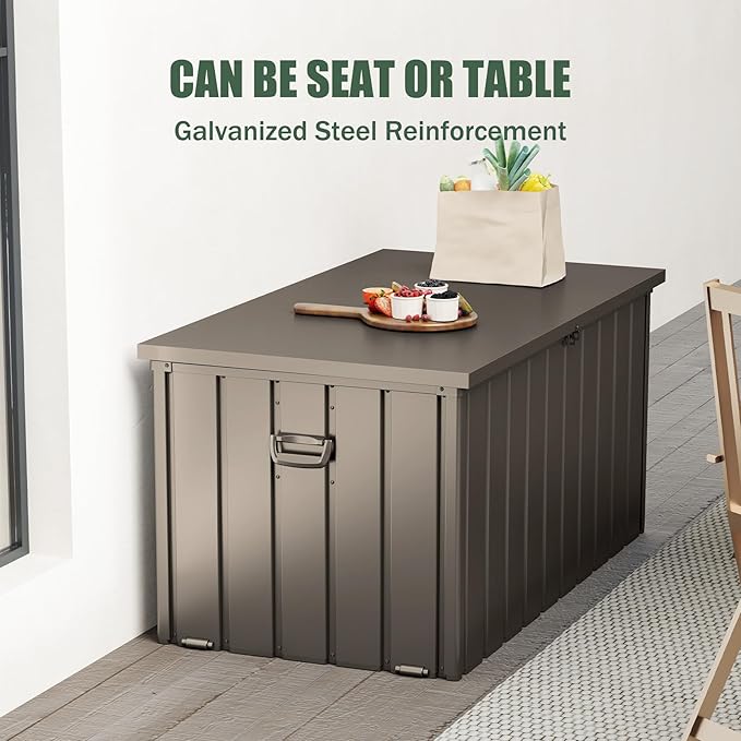 Domi Outdoor Storage Deck Box 120 Gallon, Waterproof Lockable Steel Outdoor Storage Container for Outside Cushions, Garden Tools and Pools Equipment, (Brown)