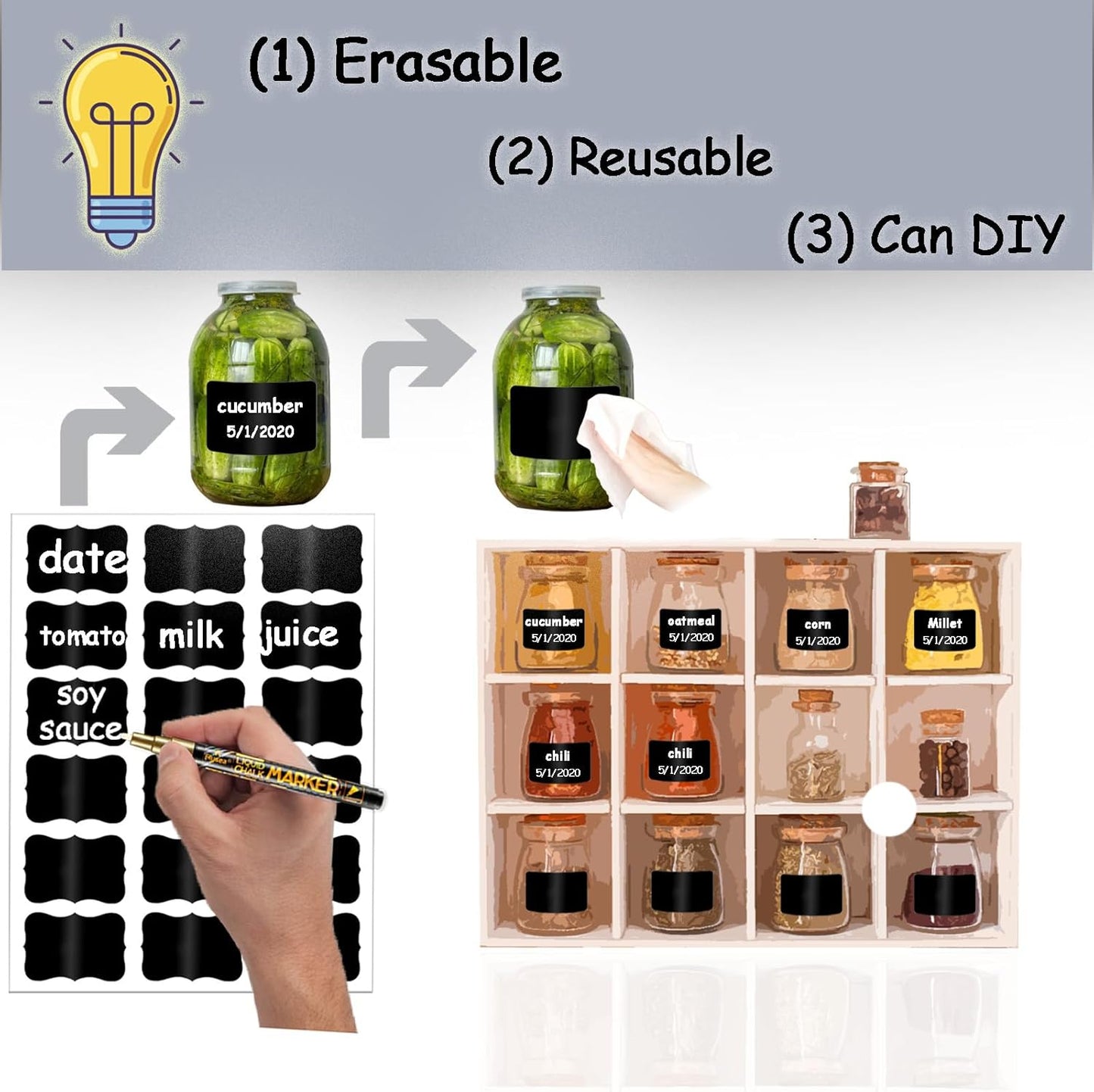 Chalkboard Labels, 144 Pcs Waterproof Reusable Chalk Stickers with Erasable Chalk Marker for Jars, Storage Bins, Kitchen, Parties, Weddings, Craft Rooms
