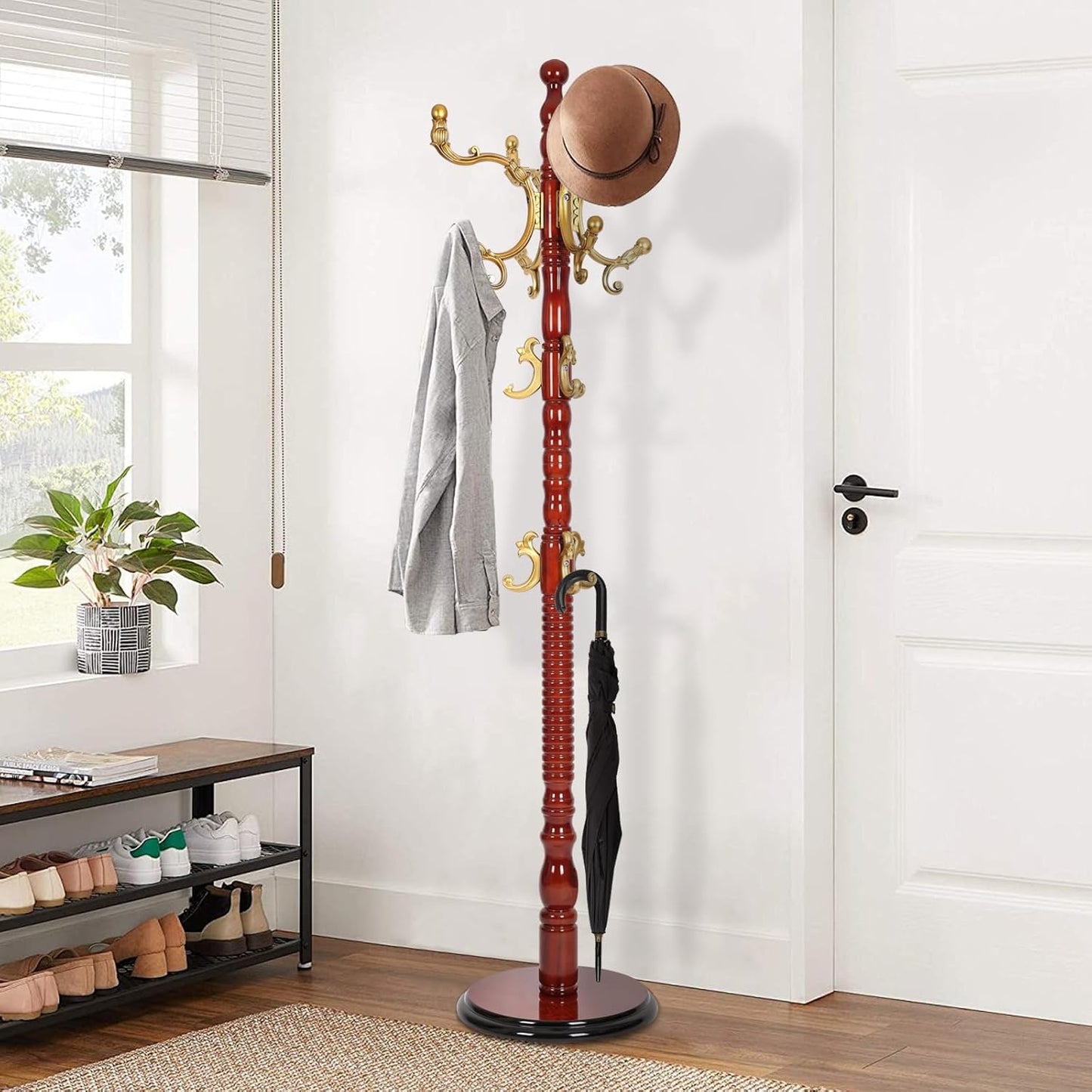 Wooden Coat Rack Freestanding, Vintage Coat Racks with Sturdy Round Base, Adjustable Height 37.40"-72.83" Entrance Coat Rack for Bedroom Living Room Entryway (Solid wood Begonia)