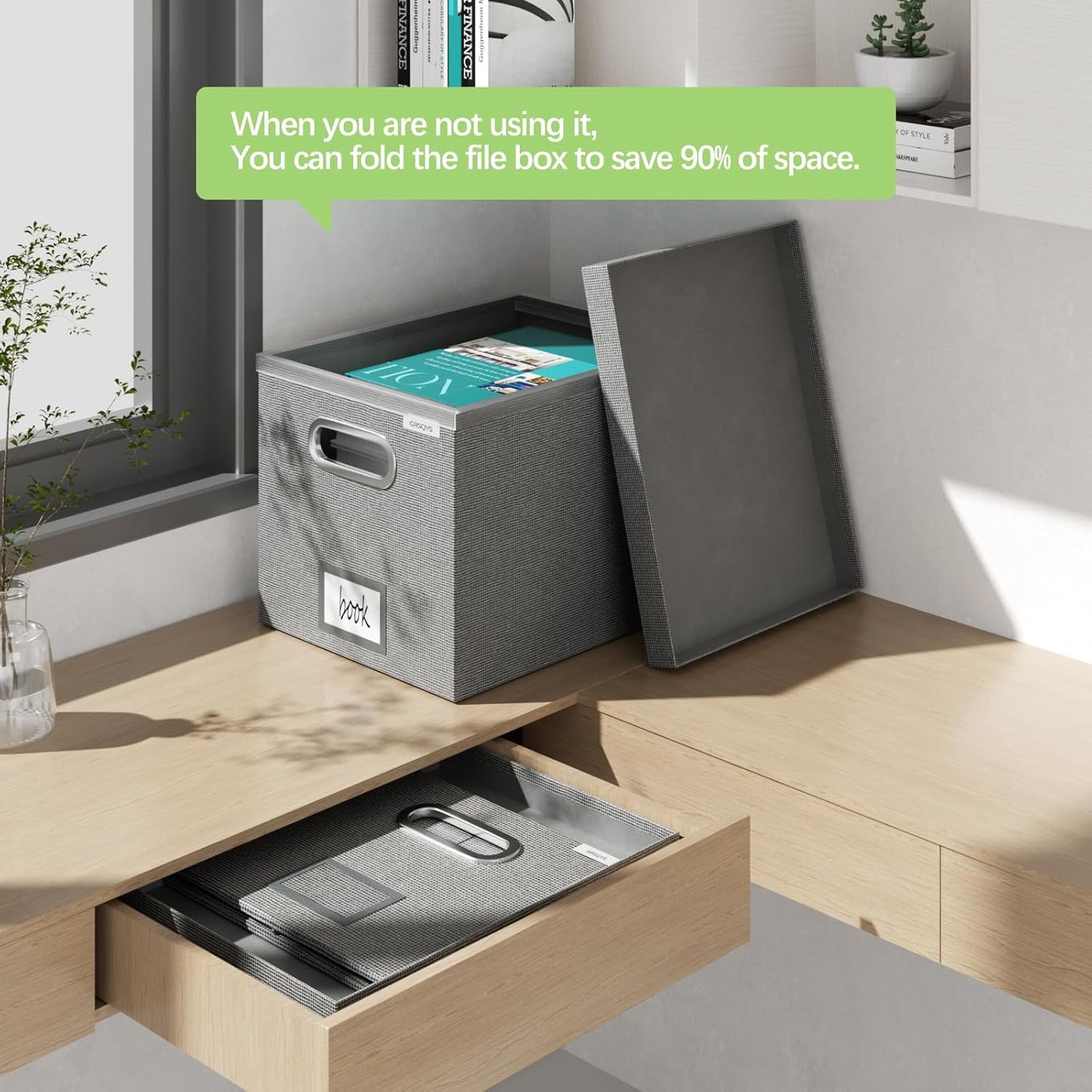 File Organizer Box - File Boxes for Hanging Files with Lid Set of 2 Decorative Hanging Folders Letter Size Organizer with One-Piece Plastic Frame Slides (Grey, 13.2 * 10.1 * 10.1in(2Pack))