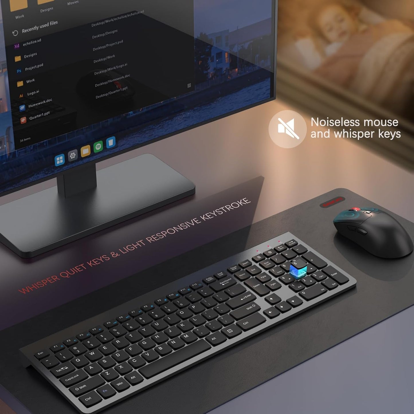 Wireless Keyboard and Mouse Combo,Quiet Click,Full Size Design with Number Pad,Ergonomic Mouse with 5 DPI,Sleep Mode-2.4G Silent Portable Cordless Combo for Laptop/PC/Computer/Mac(Grey)