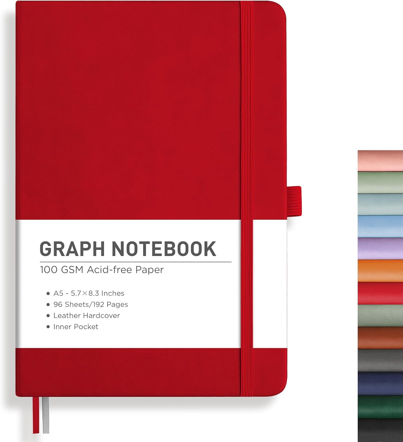 RETTACY Graph Grid Paper Notebook, 192 Pages, A5 Medium Size (5.7'' x 8.3''), 5 Squares per Inch, Leather Hardcover, 100 GSM Thick Paper, for School, Students, Math, Engineering (Red)