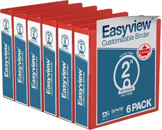 Easyview Premium 3-Ring Binders with Clear-View Covers and Round Rings, Binders for School or Office, 2 Inch, Pack of 6, Red