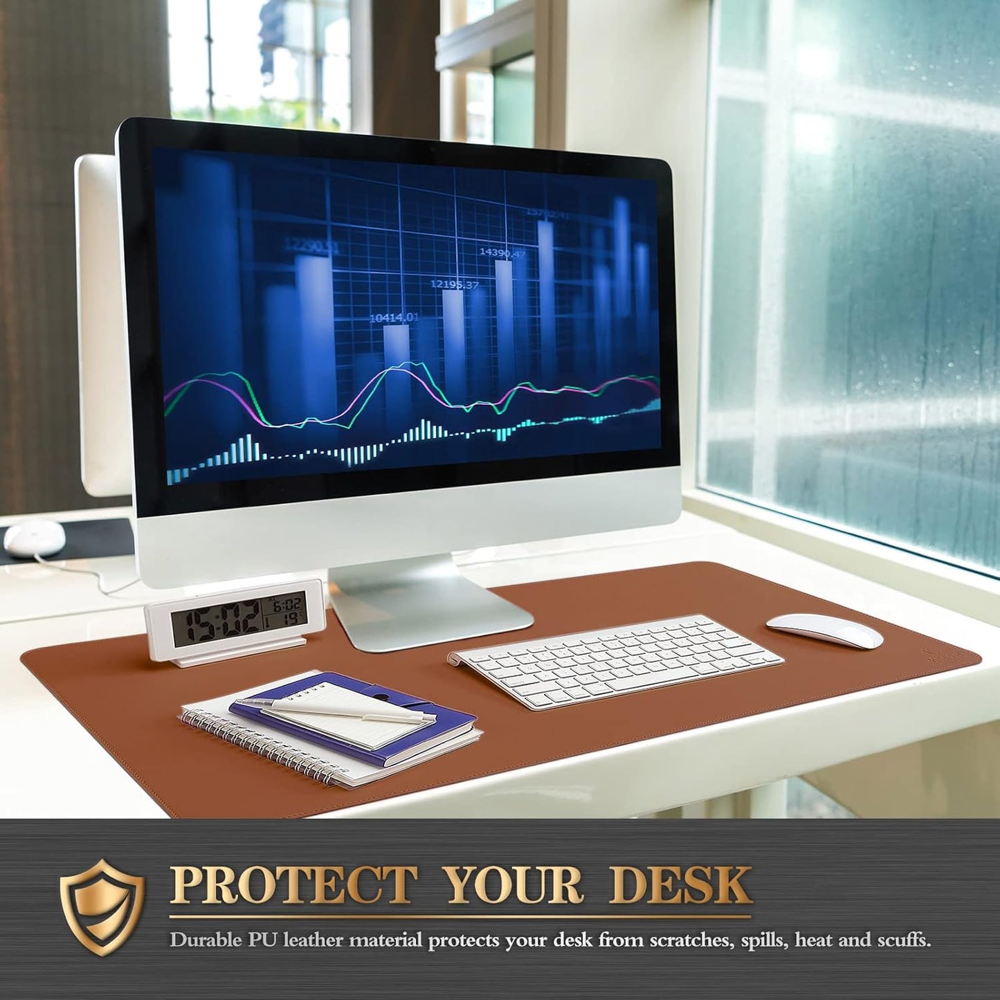 K KNODEL Desk Mat, Blotter, Dual-Sided Office Desk Pad, Waterproof Desk Mat for Desktop, Desk Blotters, PVC Leather Pad Protector (Brown, 35.4" x 17")