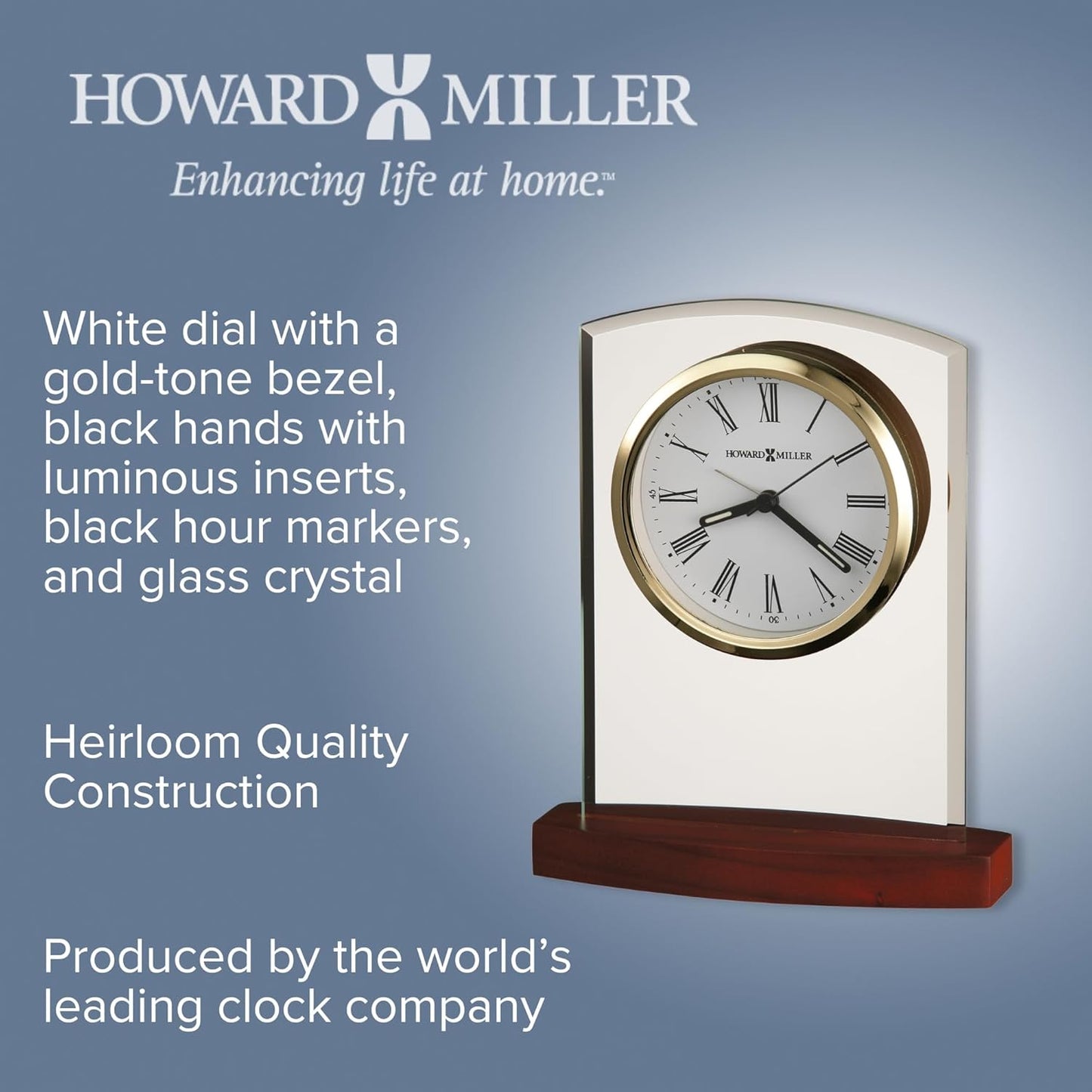 Howard Miller Marcus Table Clock – Decorative Tabletop Clock with Modern Alarm & Quartz Movement, Silent Ticking, Wooden Base & Roman Numeral Design for Home, Office, Kitchen & Table Decor