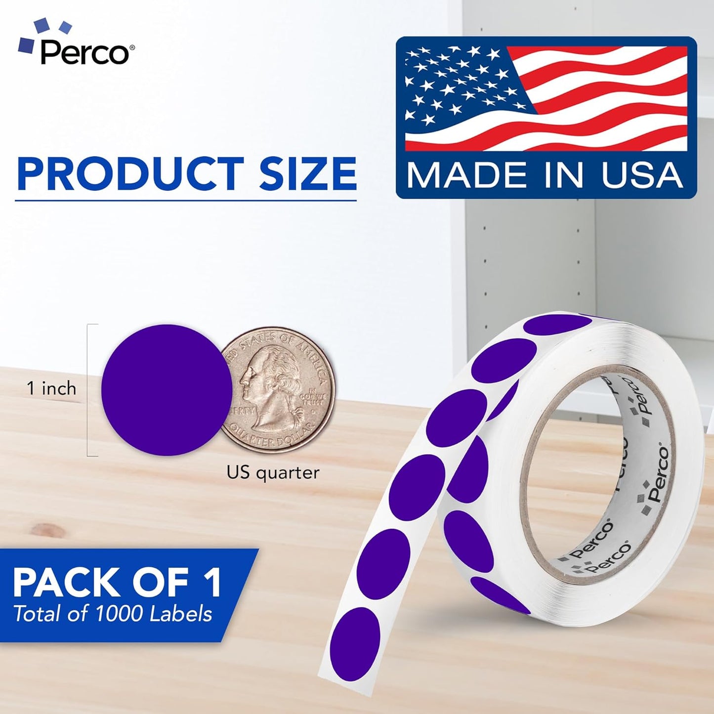 Perco Purple 1-Inch Round Circle Dot Sticker Labels with Easy Peel Perforation - 1,000 Labels per Roll - Strong Adhesion, Vibrant Colors for Organizing, Crafting & More - Made in USA