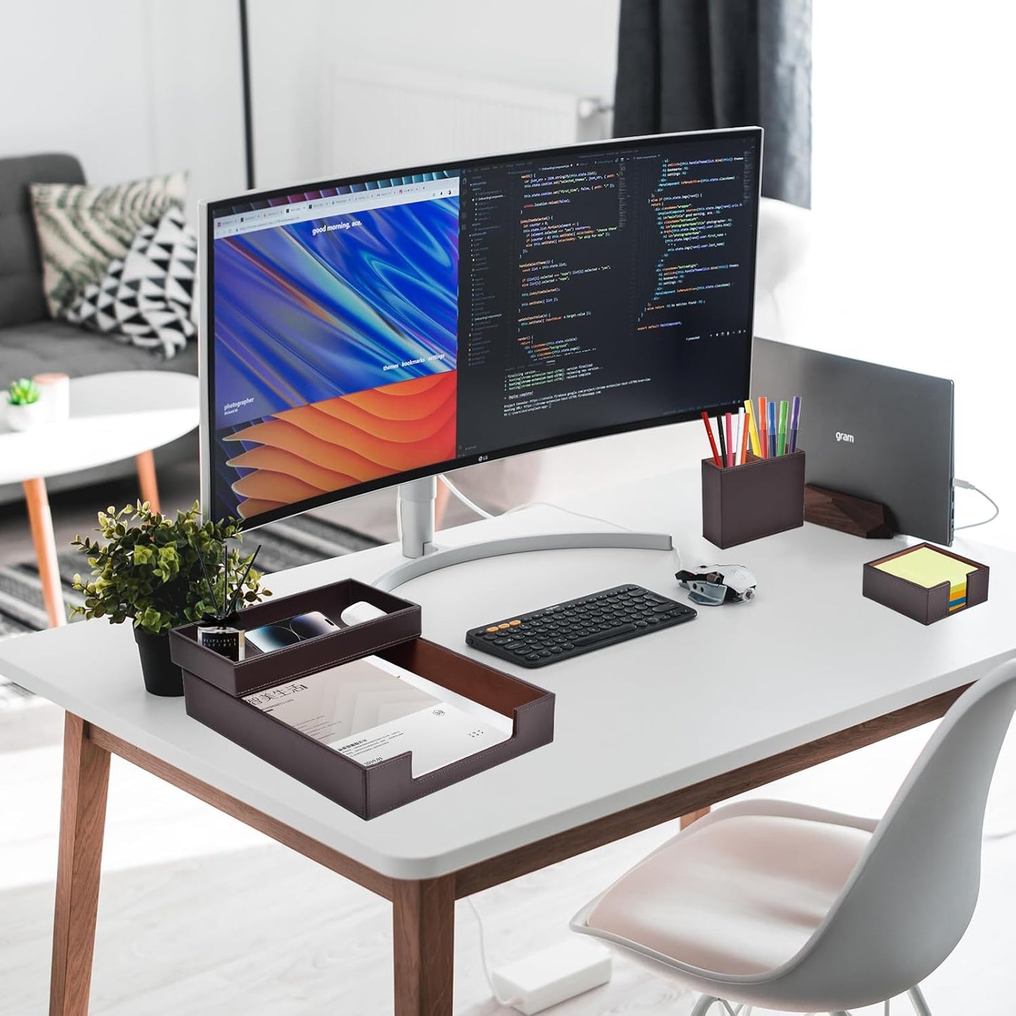 4 Pack Leather Office Supplies/Desk Organizer for Letter Paper Tray,Sticky Note Holder,Pen Cup,Stackable Small Letter Mail Sorter Tray,Workspace Decor for Women Men (Brown, 4-piece set)