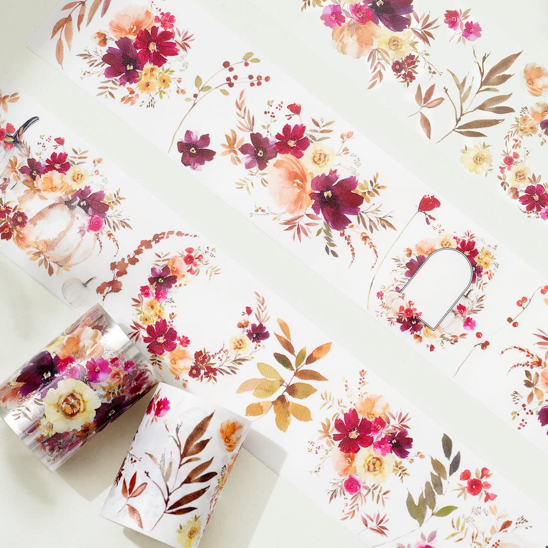 WT Autumn Rose Wide PET Tape, Single Roll, Original Designs, Floral Decorative Tape, Transparent Craft Tape for Bujo Planner & DIY Supplies, Watercolor Flowers