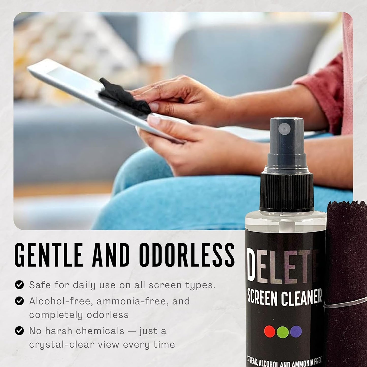 Delete Screen Cleaner Spray Kit, 4 Pack, 2oz Bottle and 12"x12" Microfiber Cleaning Cloth, Streak-Free, Safe and Gentle Formula, Multi-Purpose for Travel, Small TVs, Cameras, Laptops, Phones