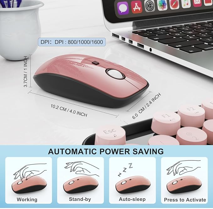 Wireless Keyboard and Mouse Combo, 104 Round Keys Cute Colorful Keyboard and Mouse with Retro Typewriter for PC/Mac/Laptop/Tablet/Computer/Windows Black