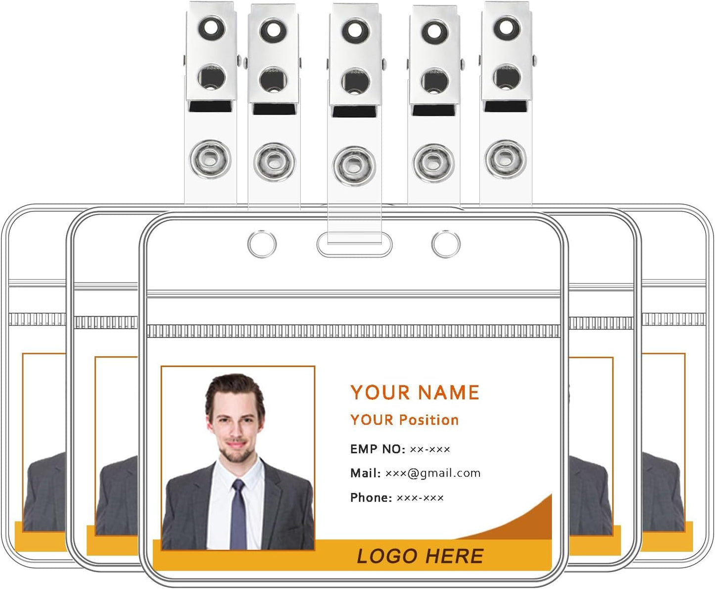 5 Pcs Badge Holders with Clip Thick Clear Name Tag Badge Holders Plastic Horizontal ID Card Holder with Waterproof Resealable Zip