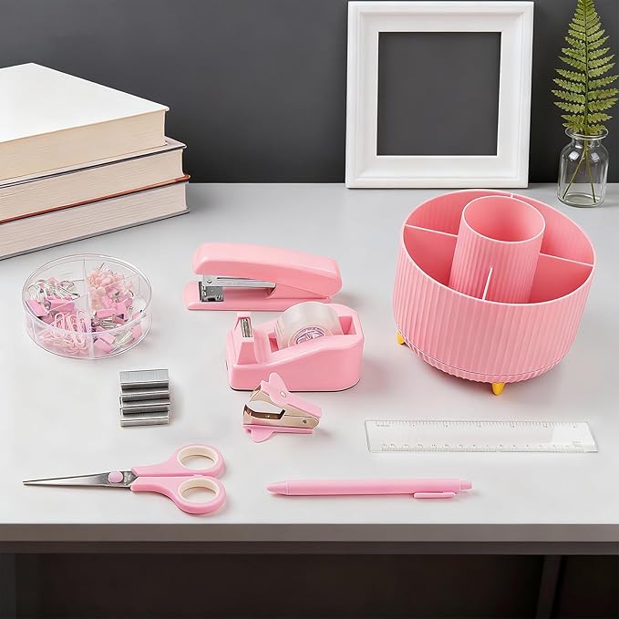 10pcs Office Clerks Staff Desk Accessories, Pink Office Supplies Set for Women, Desk Organizer with Stapler, Staple Remover, Tape Dispenser, Tape, 360° Pen Holder, Scissor, Ruler, Ballpoint Pen, Clips