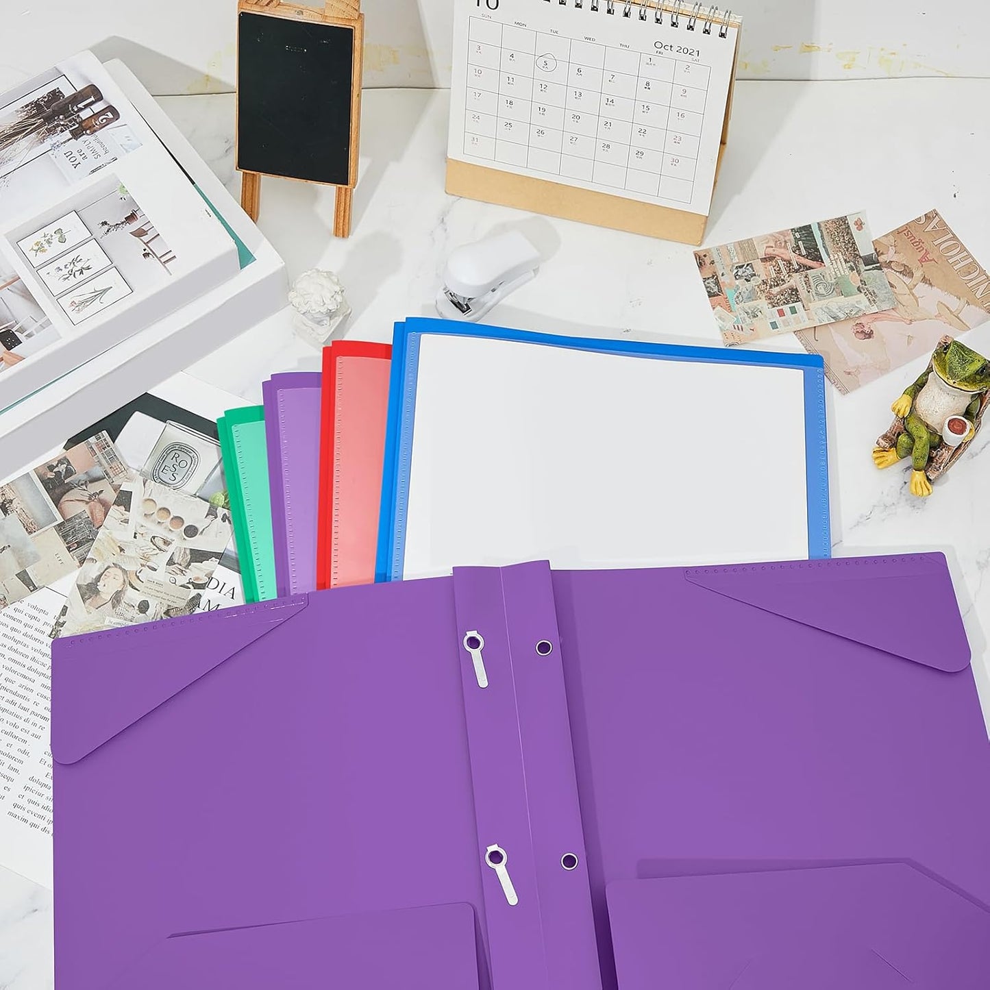 Henoyso 36 Pcs Plastic Folder with Clear Front Pocket and 3 Prong Plastic Folders with Card Slot Pocket Folders with Prongs for School Office (Multicolor)