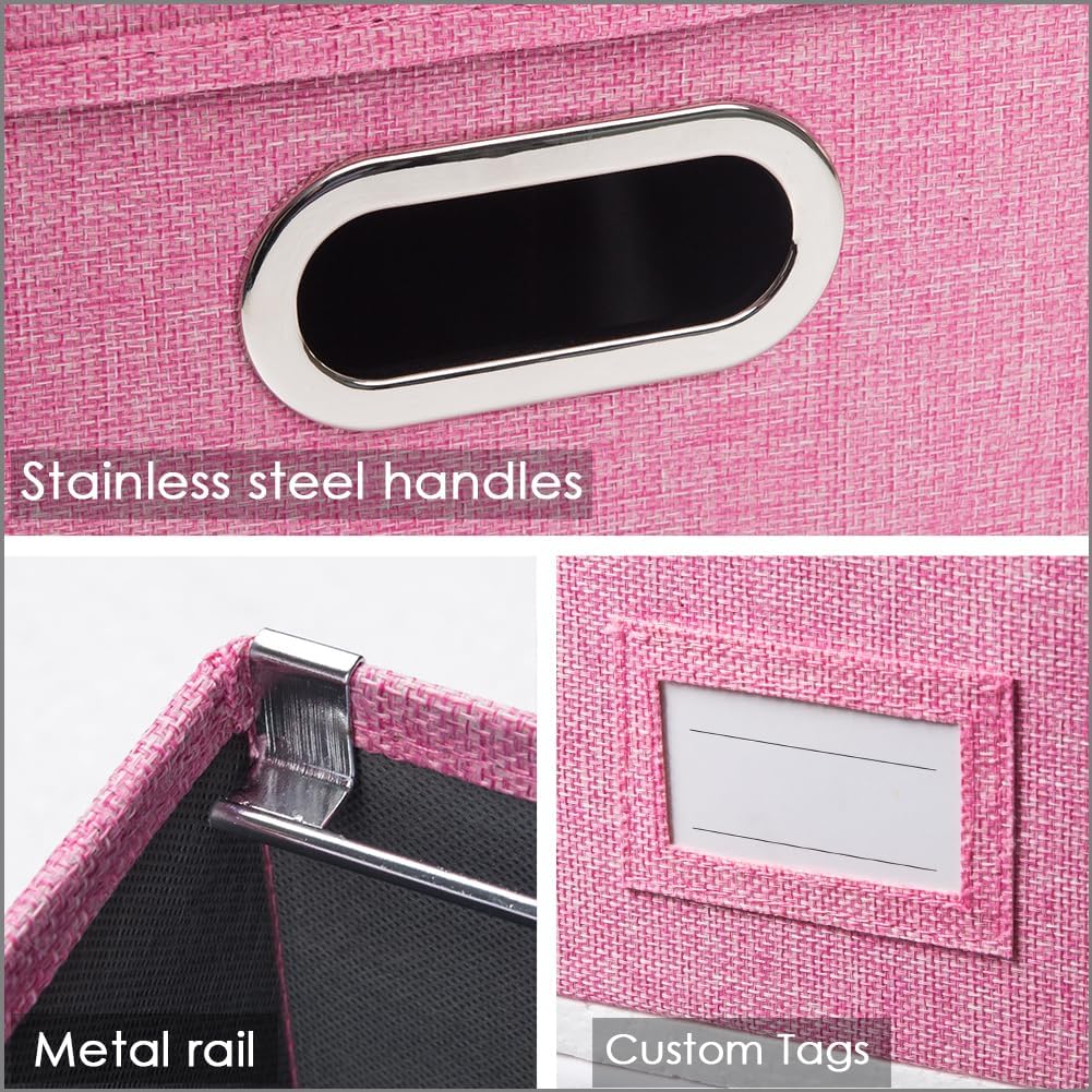 PRANDOM File Organizer Box - Set of 4 Collapsible Decorative Linen Filing Storage Hanging File Folders with Lids Office Cabinet Letter Size Pink (14x9.3x10.8 inch)