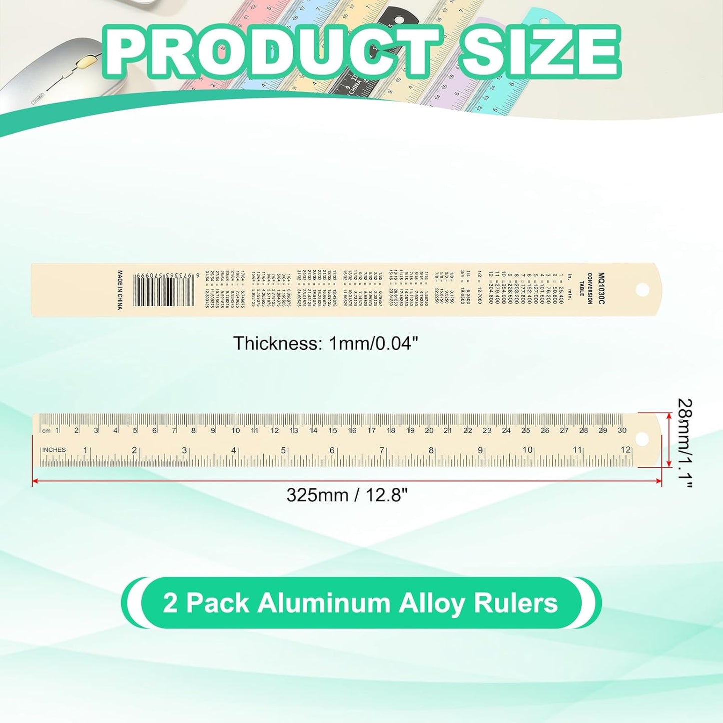 PATIKIL 30cm/12 Metal Ruler, 2 Pack Aluminum Alloy Rulers with Centimeters, Millimeters, Inches and Conversion Table Straight Edge Ruler for Writing Machinist Drafting, Yellow